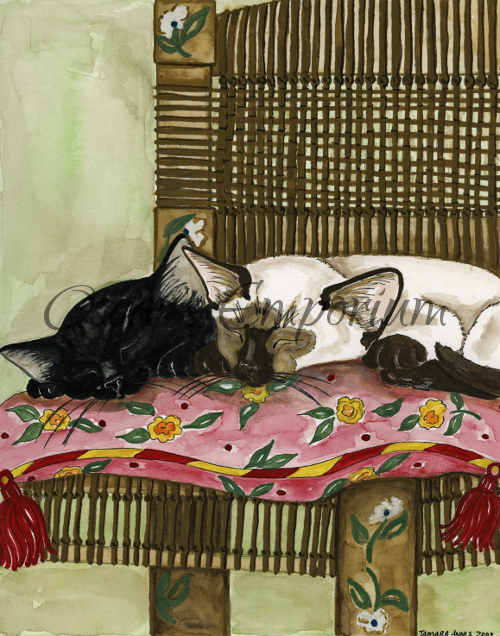 Cat art- Two kitties asleep on wicker chair