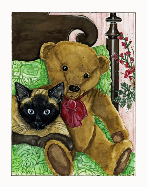 Cat Art- Teddy bear cuddling with Siamese on a bed