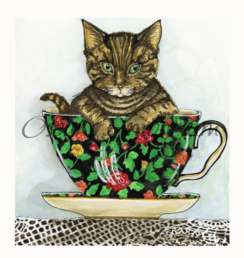 Cat Art- Cute kitten sitting in a colourful teacup