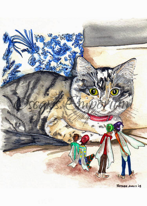 Fairy art- Large cat watching four Fairies looking back at him