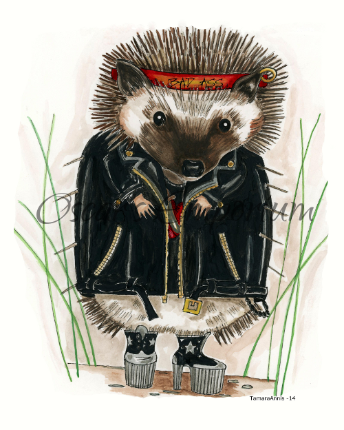 Woodland Creature  Art- Hedgehog in leather jacket Bad Ass Dave Southmore Shore