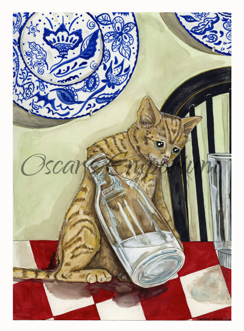 Cat Art- Thirsty cat with his paw in an old fasioned milk bottle