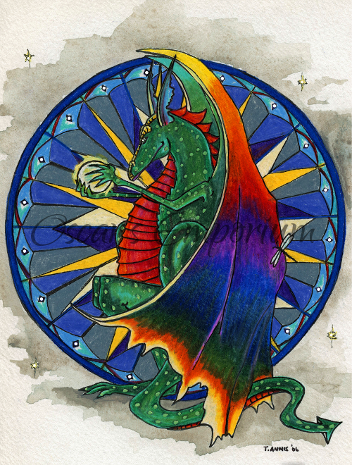 Fantasy Art- Colourful dragon holding crystal ball with striking blue background