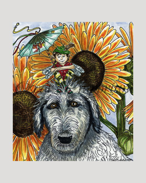 Fairy Art- Young boy fairy sitting on grey irish wolfhounds head with sunflowers in the background