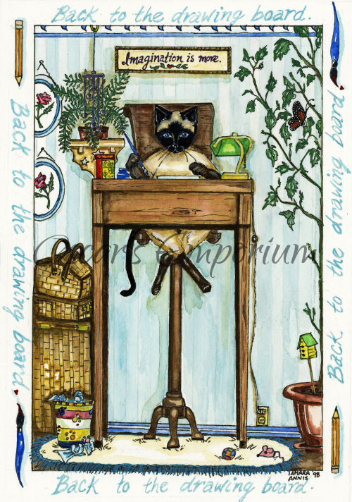 Cat Art- Siamese sitting at a desk going back to the drawingboard