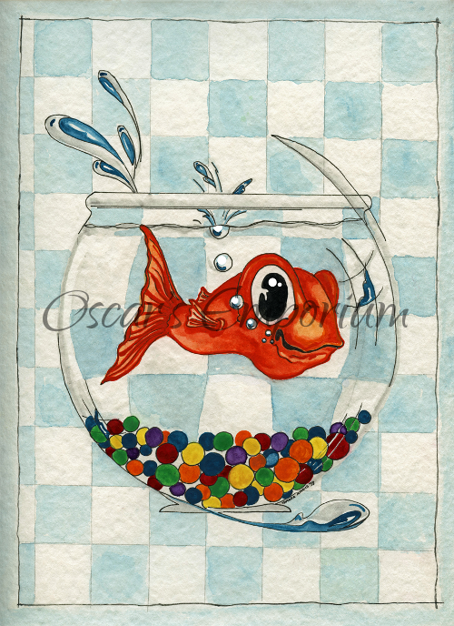 Fish Art- Large goldfish looking happy in his undersized bowl with coulorful marbles