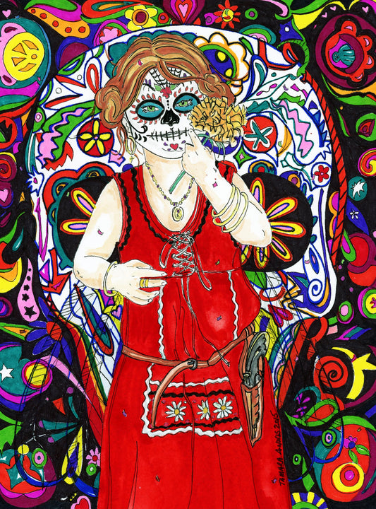 Day of the Dead Art- Young girl in red dress and cowboy gun wearing day of the dead mask