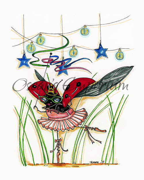 Woodland Creature  Art- Leggy ladybug in a pink tutu dancing among the grass Southmore Shore