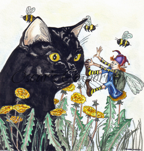 Fairy Art- Fairy sitting on a flower playing with black cat
